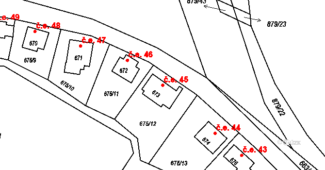 Děhylov 45 na parcele st. 673 v KÚ Děhylov, Katastrální mapa