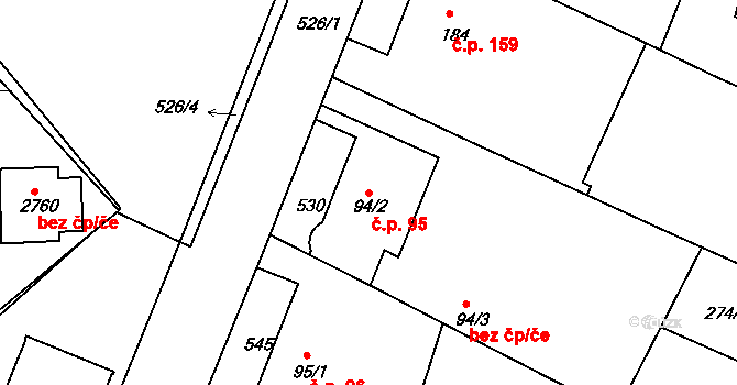 Neratovice 95 na parcele st. 94/2 v KÚ Neratovice, Katastrální mapa