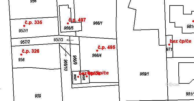 Líně 495 na parcele st. 966/4 v KÚ Líně, Katastrální mapa