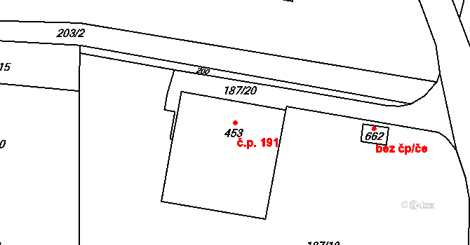 Roztoky 191 na parcele st. 453 v KÚ Roztoky u Křivoklátu, Katastrální mapa