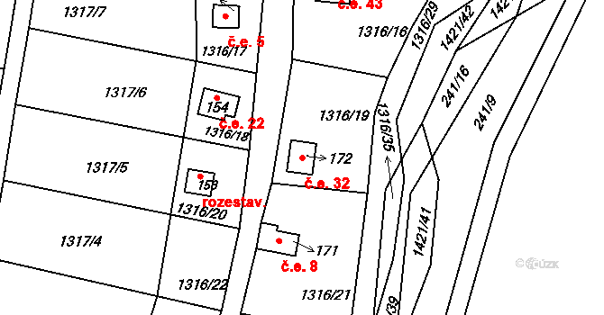 Podmoky 32 na parcele st. 172 v KÚ Podmoky u Golčova Jeníkova, Katastrální mapa