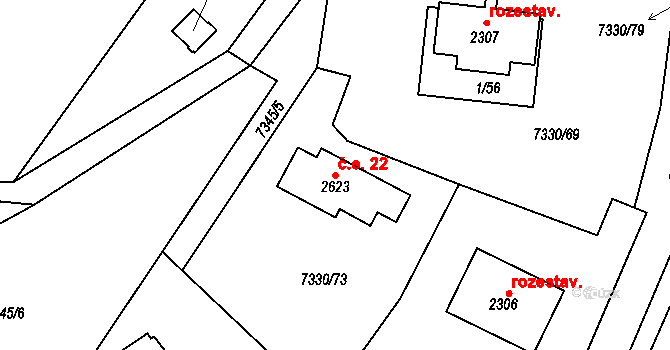 Telč-Štěpnice 22, Telč na parcele st. 2623 v KÚ Telč, Katastrální mapa