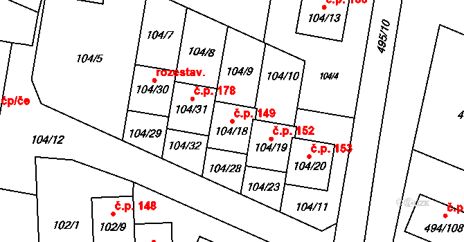 Černotín 149 na parcele st. 104/18 v KÚ Černotín, Katastrální mapa