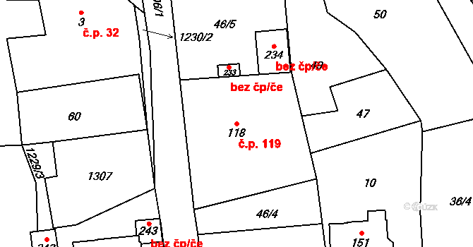 Chodovská Huť 119, Tři Sekery na parcele st. 118 v KÚ Chodovská Huť, Katastrální mapa