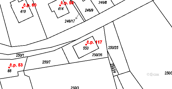 Straňany 117, Doudleby na parcele st. 553 v KÚ Doudleby, Katastrální mapa
