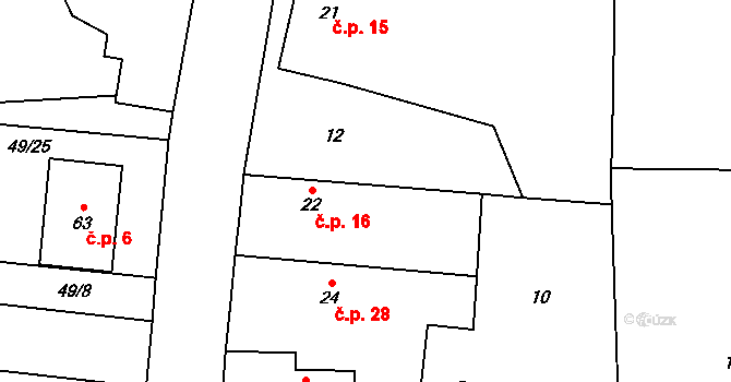 Druhlice 16, Daleké Dušníky na parcele st. 22 v KÚ Druhlice, Katastrální mapa