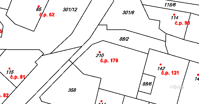 Hospozín 176 na parcele st. 210 v KÚ Hospozín, Katastrální mapa