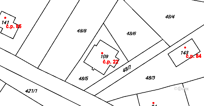 Raková 22 na parcele st. 109 v KÚ Raková u Rokycan, Katastrální mapa