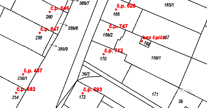 Lužice 712 na parcele st. 170/1 v KÚ Lužice u Hodonína, Katastrální mapa