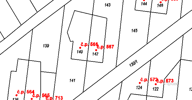 Šardice 567 na parcele st. 142 v KÚ Šardice, Katastrální mapa