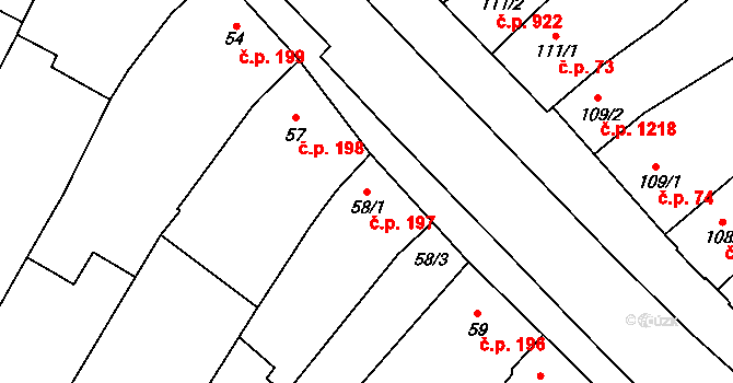 Kyjov 197 na parcele st. 58/1 v KÚ Kyjov, Katastrální mapa