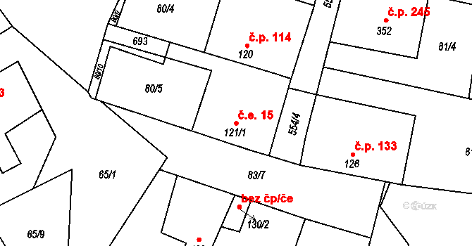 Veltruby 15 na parcele st. 121/1 v KÚ Veltruby, Katastrální mapa