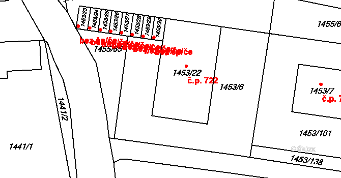 Kosmonosy 722 na parcele st. 1453/22 v KÚ Kosmonosy, Katastrální mapa