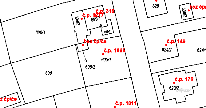 Valašské Meziříčí 1065 na parcele st. 605/1 v KÚ Valašské Meziříčí-město, Katastrální mapa