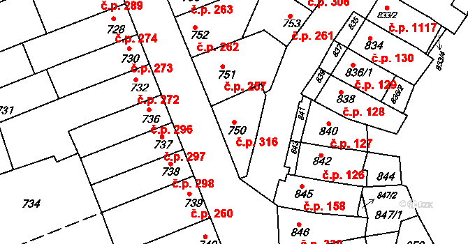 Komín 316, Brno na parcele st. 750 v KÚ Komín, Katastrální mapa