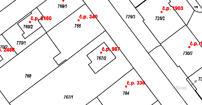 Pelhřimov 987 na parcele st. 767/2 v KÚ Pelhřimov, Katastrální mapa