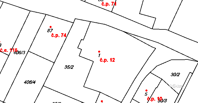 Hrušov 12 na parcele st. 1 v KÚ Hrušov nad Jizerou, Katastrální mapa