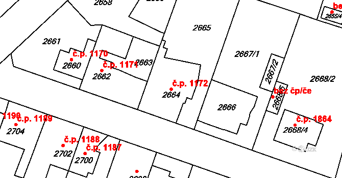 Horní Počernice 1172, Praha na parcele st. 2664 v KÚ Horní Počernice, Katastrální mapa