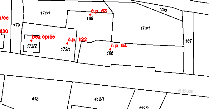 Suchdol nad Lužnicí 64 na parcele st. 168 v KÚ Suchdol nad Lužnicí, Katastrální mapa