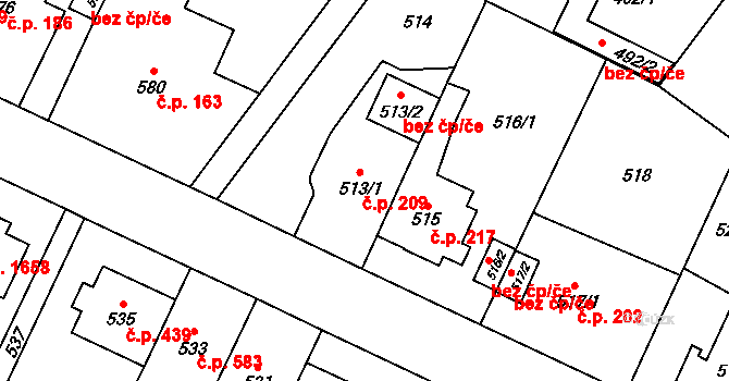 Kyje 209, Praha na parcele st. 513/1 v KÚ Kyje, Katastrální mapa