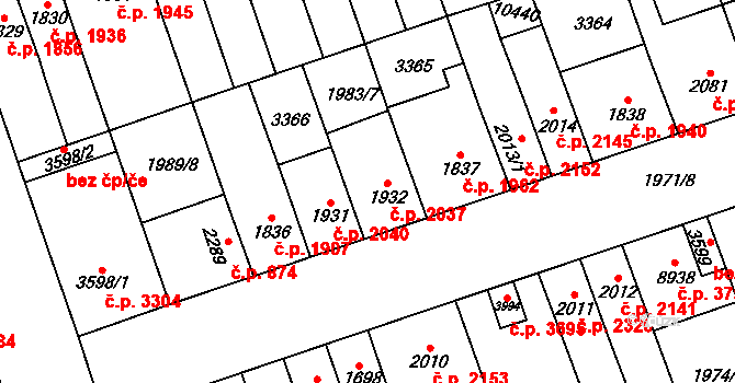 Hodonín 2037 na parcele st. 1932 v KÚ Hodonín, Katastrální mapa