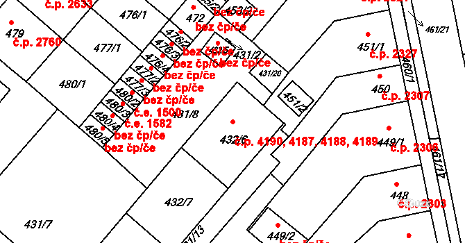 Chomutov 4187,4188,4189,4190 na parcele st. 432/6 v KÚ Chomutov II, Katastrální mapa