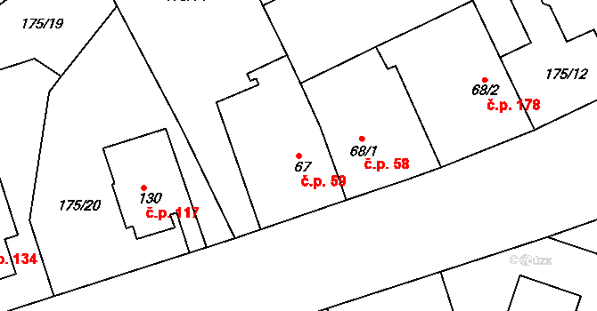 Věkoše 59, Hradec Králové na parcele st. 67 v KÚ Věkoše, Katastrální mapa