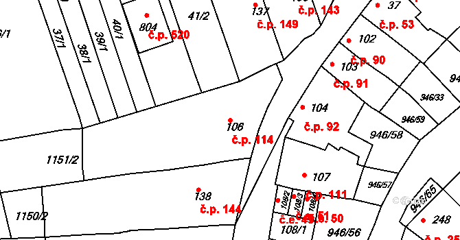 Čebín 114 na parcele st. 106 v KÚ Čebín, Katastrální mapa