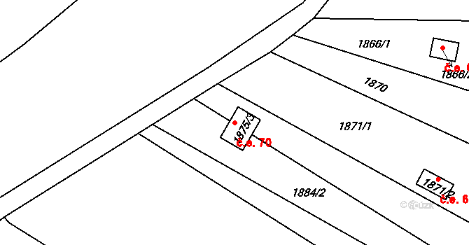 Velký Újezd 70 na parcele st. 1875/3 v KÚ Velký Újezd, Katastrální mapa