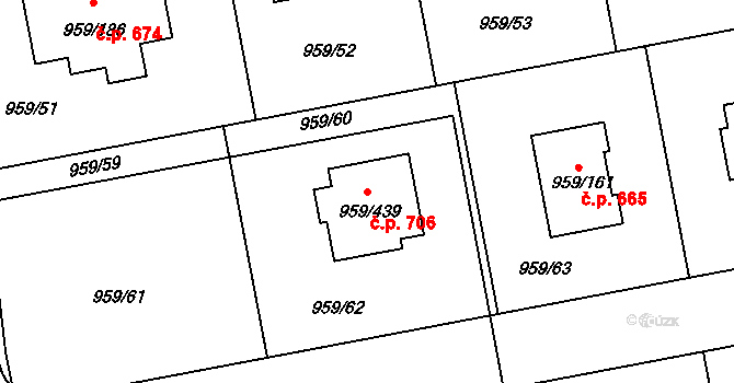 Průhonice 706 na parcele st. 959/439 v KÚ Průhonice, Katastrální mapa