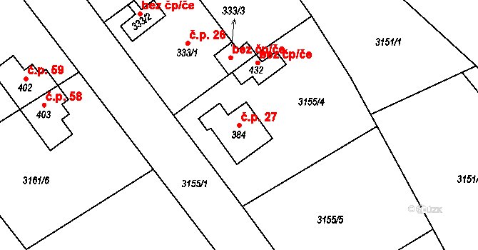 Podělusy 27, Týnec nad Sázavou na parcele st. 384 v KÚ Podělusy, Katastrální mapa