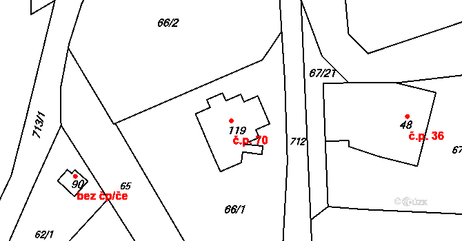 Skrýšov 70, Pelhřimov na parcele st. 119 v KÚ Skrýšov u Pelhřimova, Katastrální mapa