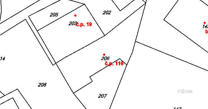 Domanín 116, Bystřice nad Pernštejnem na parcele st. 206 v KÚ Domanín u Bystřice nad Pernštejnem, Katastrální mapa