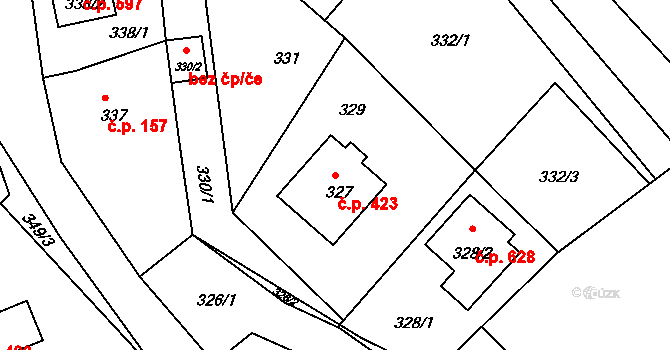 Štípa 423, Zlín na parcele st. 327 v KÚ Štípa, Katastrální mapa