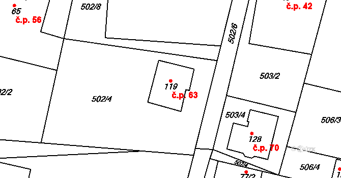 Lhota 63, Přelouč na parcele st. 119 v KÚ Lhota pod Přeloučí, Katastrální mapa