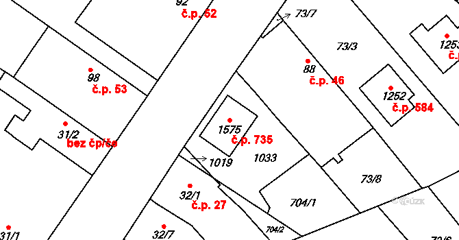 Třebeš 735, Hradec Králové na parcele st. 1575 v KÚ Třebeš, Katastrální mapa