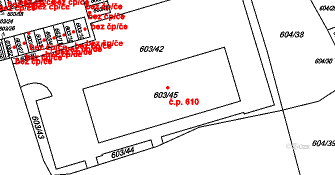 Ponava 610, Brno na parcele st. 603/45 v KÚ Ponava, Katastrální mapa