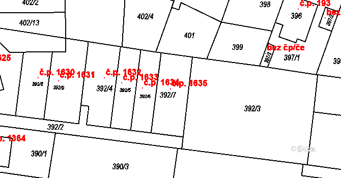 Hostivař 1635, Praha na parcele st. 392/7 v KÚ Hostivař, Katastrální mapa