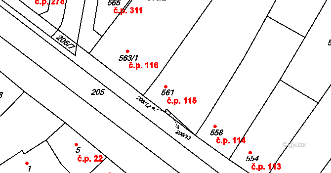 Hrušky 115 na parcele st. 561 v KÚ Hrušky, Katastrální mapa