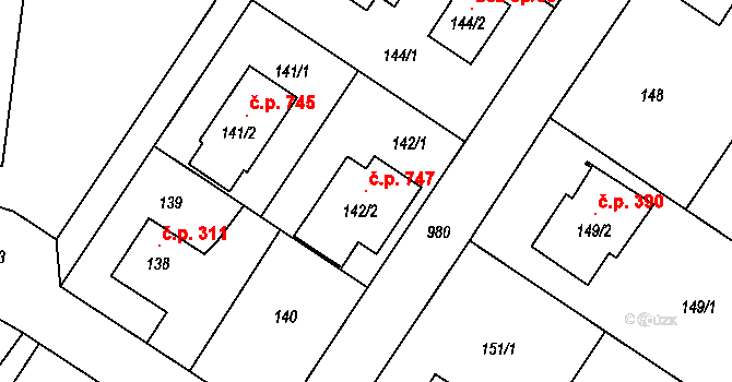 Satalice 747, Praha na parcele st. 142/2 v KÚ Satalice, Katastrální mapa