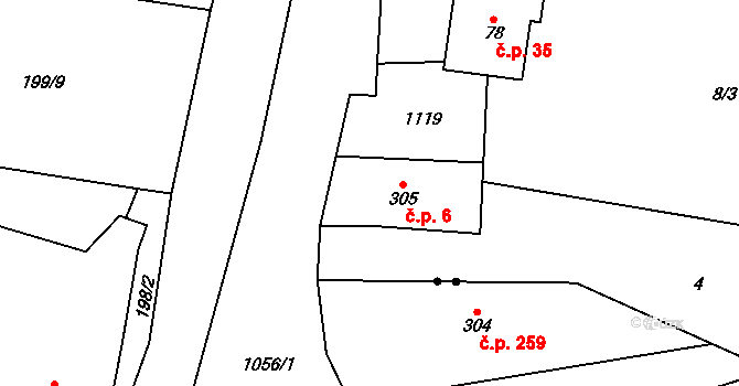 Rožďalovice 6 na parcele st. 305 v KÚ Rožďalovice, Katastrální mapa