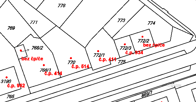 Lužice 411 na parcele st. 772/1 v KÚ Lužice u Hodonína, Katastrální mapa