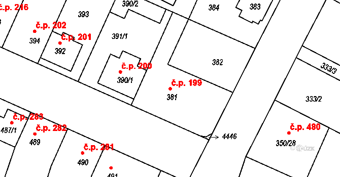 Jindřichův Hradec III 199, Jindřichův Hradec na parcele st. 381 v KÚ Jindřichův Hradec, Katastrální mapa