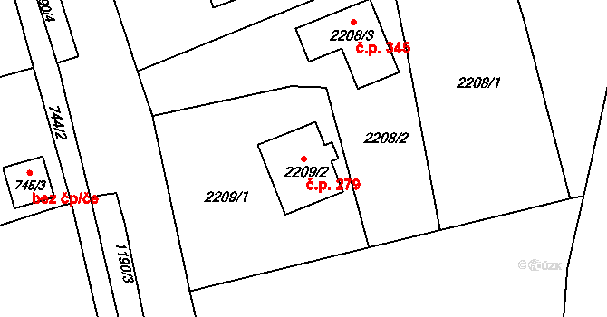 Brná 279, Ústí nad Labem na parcele st. 2209/2 v KÚ Brná nad Labem, Katastrální mapa