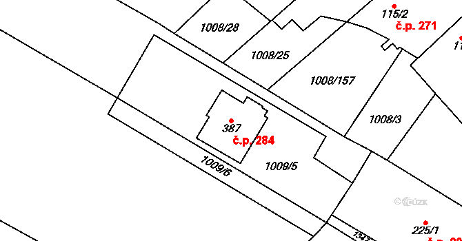Krchleby 284 na parcele st. 387 v KÚ Krchleby u Nymburka, Katastrální mapa