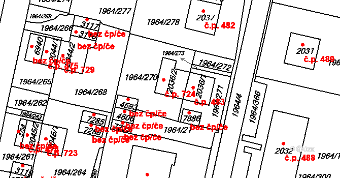 Borovina 724, Třebíč na parcele st. 2036/2 v KÚ Třebíč, Katastrální mapa
