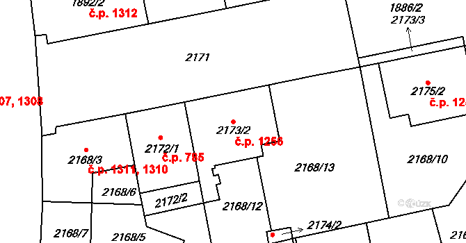 Vršovice 1256, Praha na parcele st. 2173/2 v KÚ Vršovice, Katastrální mapa