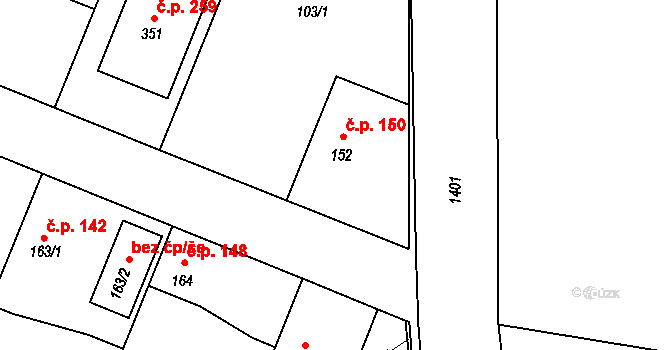 Břežany II 150 na parcele st. 152 v KÚ Břežany II, Katastrální mapa