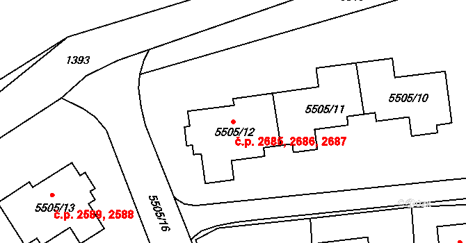 Česká Lípa 2685,2686,2687 na parcele st. 5505/12 v KÚ Česká Lípa, Katastrální mapa