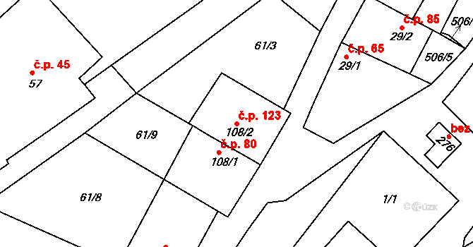 Nebovidy 123 na parcele st. 108/2 v KÚ Nebovidy, Katastrální mapa